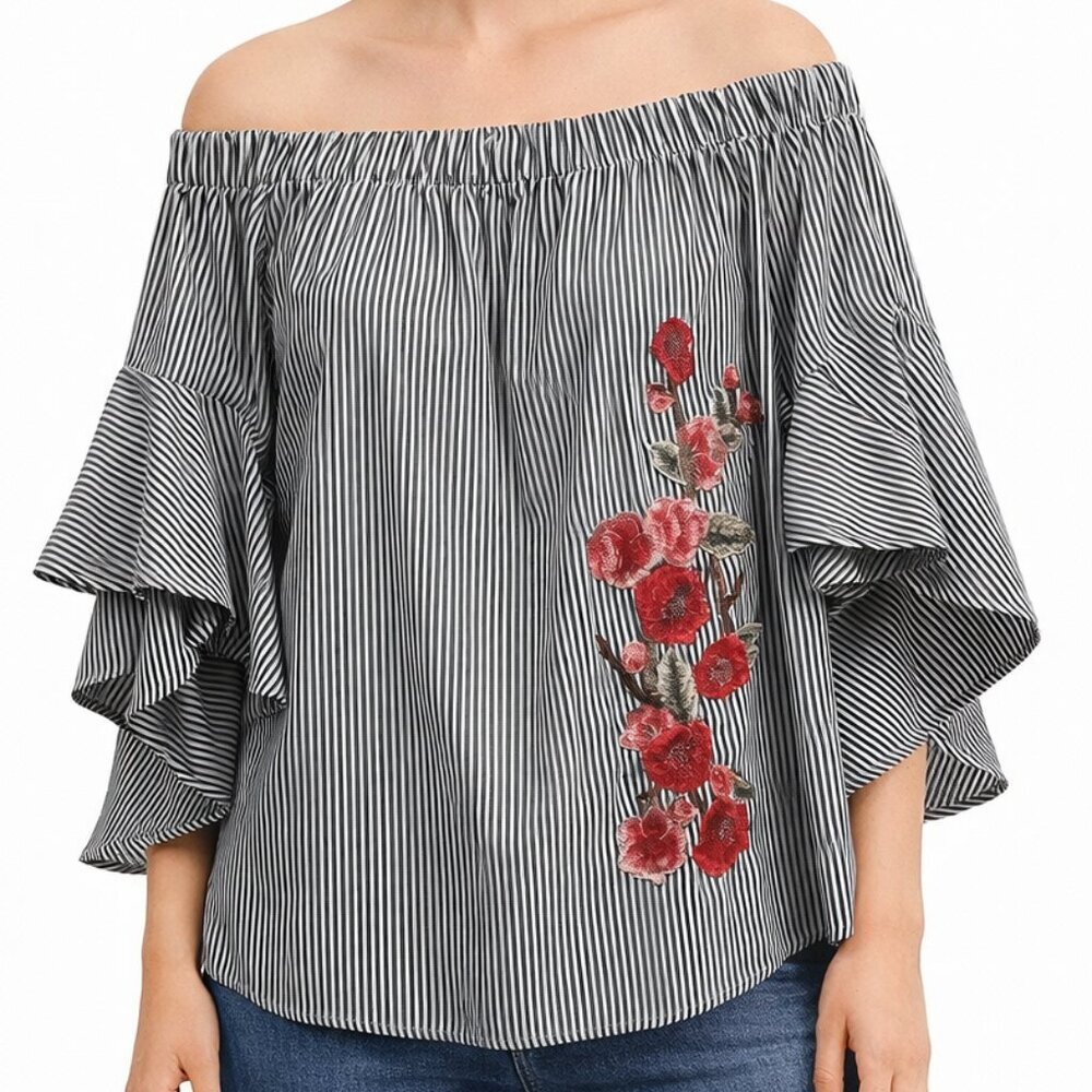 Kontrol Black White Stripe Off Shoulder Embroidered Top XL